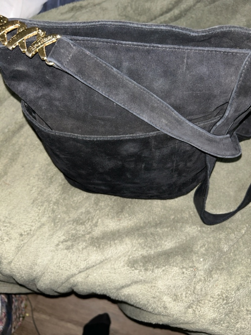 Paloma Picasso Black Suede Shoulder Bag with classic Gold Accent